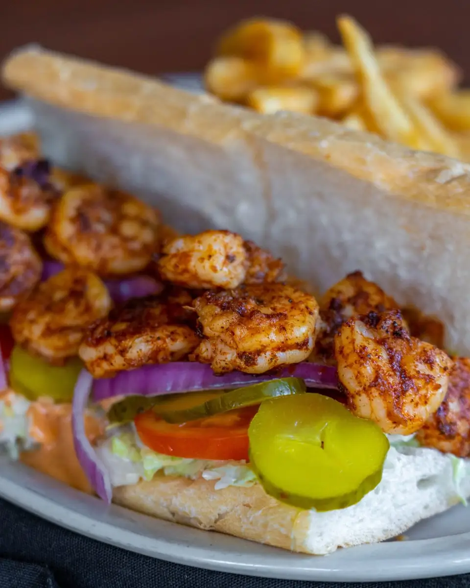 Blackened shrimp po’boy dressed with lettuce, tomato and pickles, served with fries