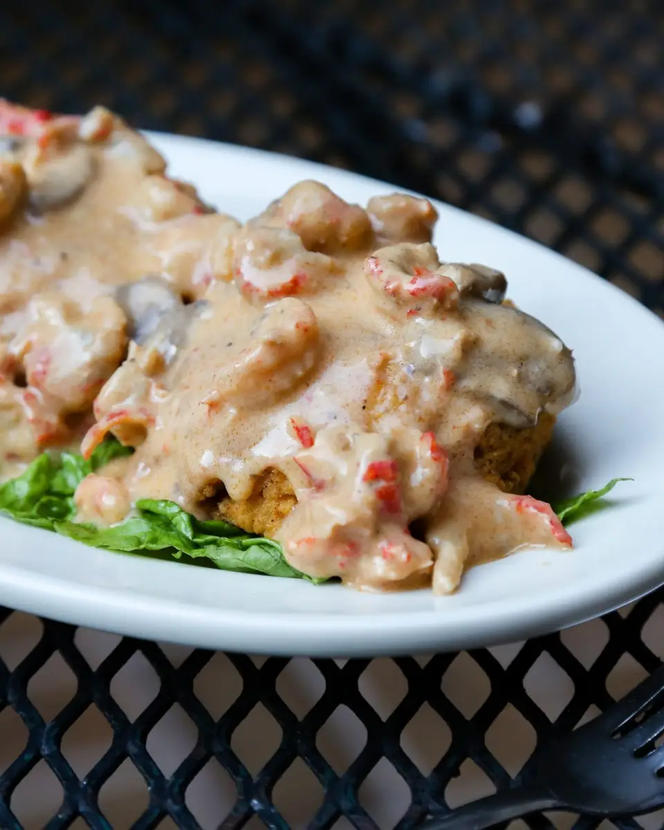 Louisiana crabmeat cake smothered in crawfish mushroom cream sauce on a white plate