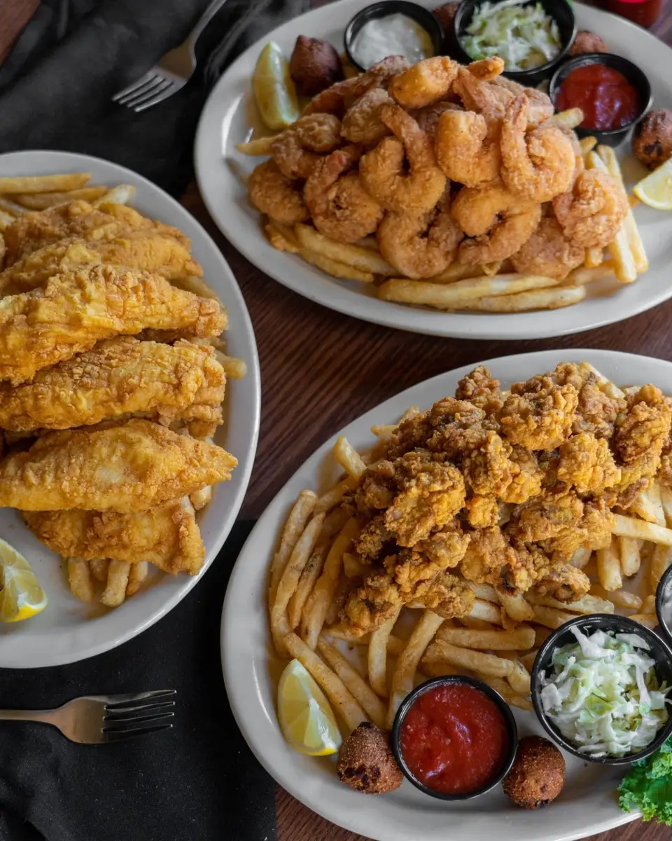 Three Cajun platters of fried fish, fried shrimp and fried oysters with fries, hush puppies and dipping sauces