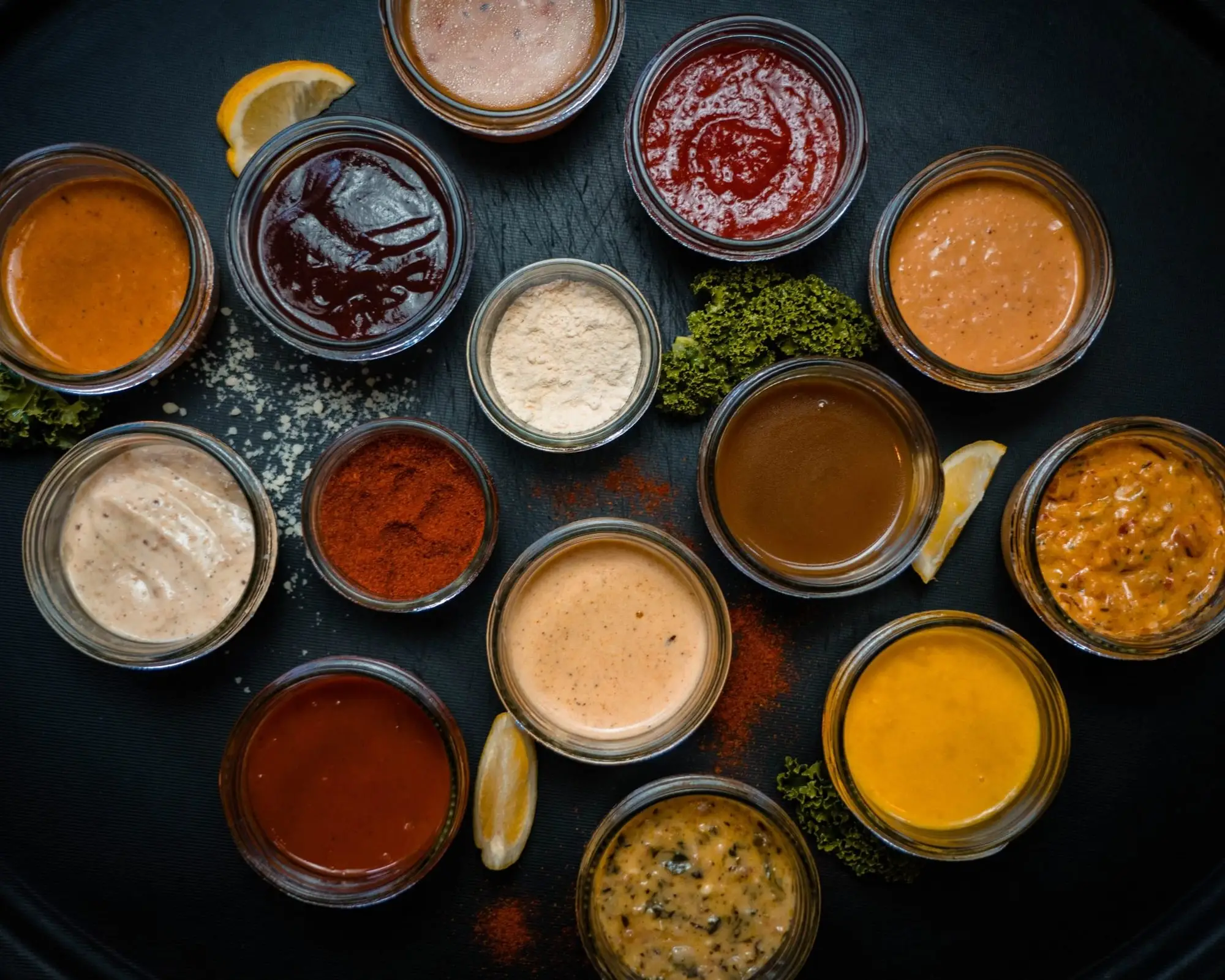 A dozen small bowls of Cajun sauces and seasonings seen from above